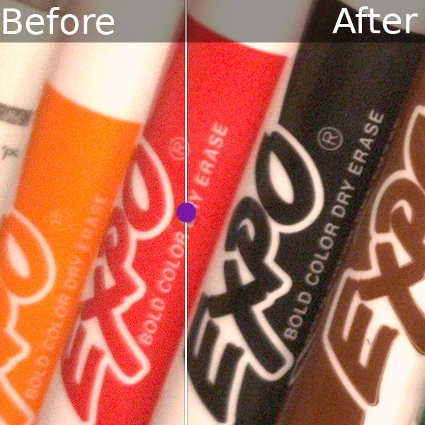 A grainy close-up of marker pens on the left, and the same photo with the grain reduced on the right.