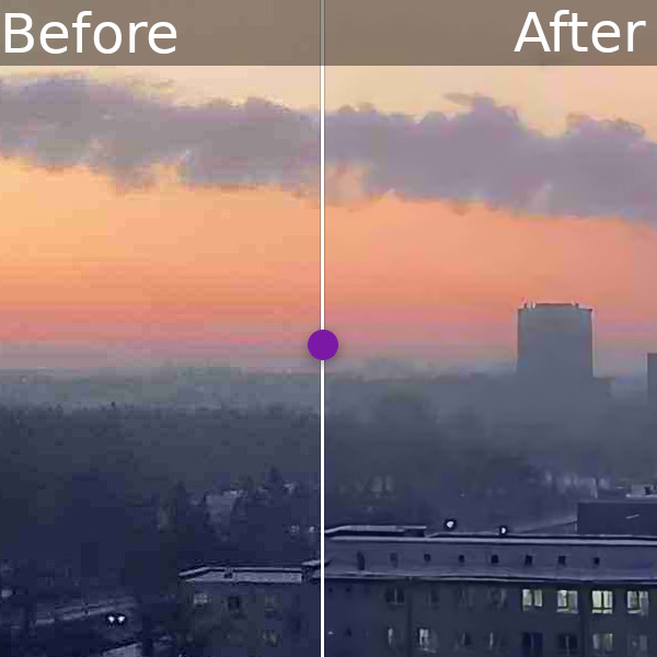 A blocky sunset photo on the left, and the same photo with the blockiness cleaned up on the right.